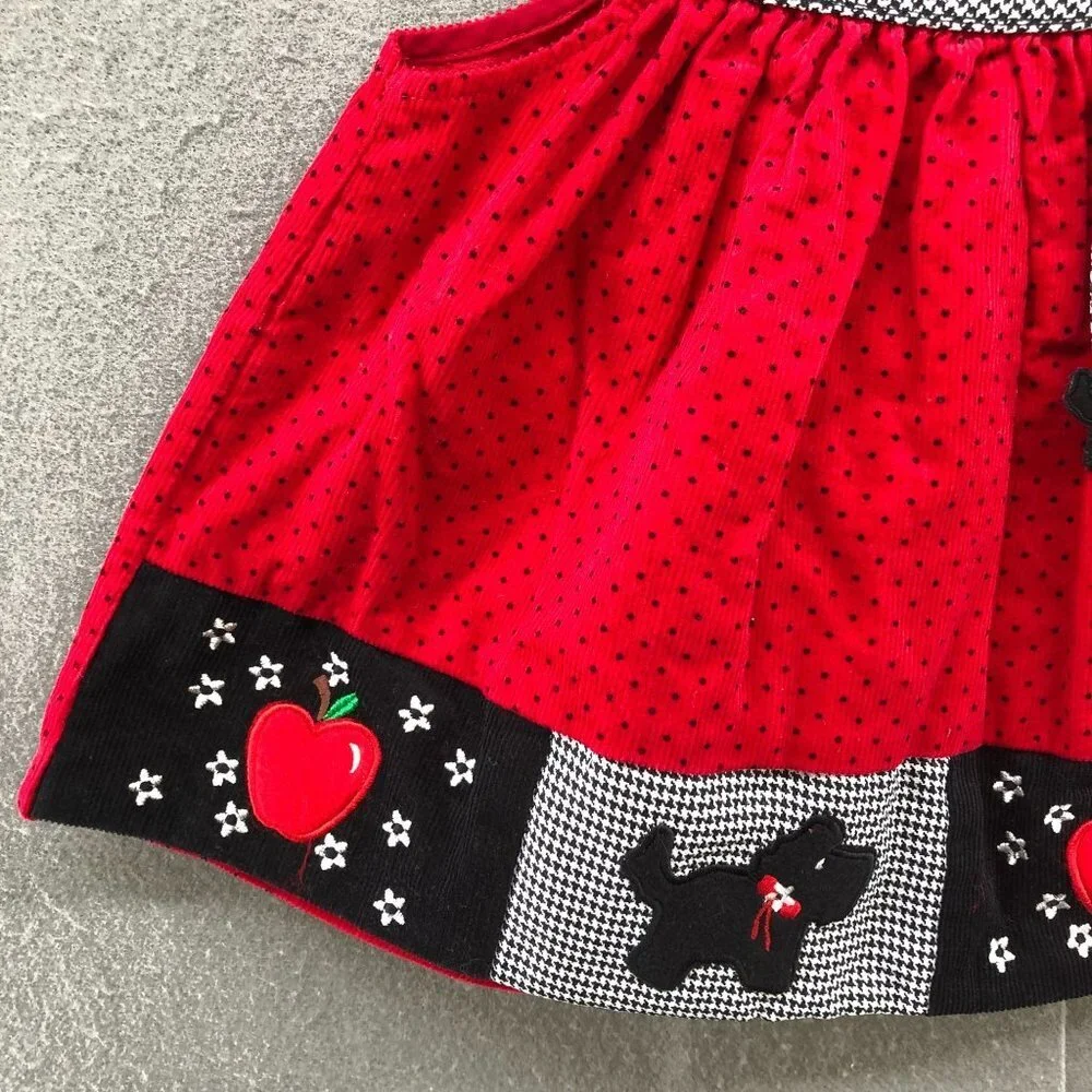 Vintage Girls 12-18M Holiday Pinafore Dress Red Corduroy Christmas‎ Embroidered
